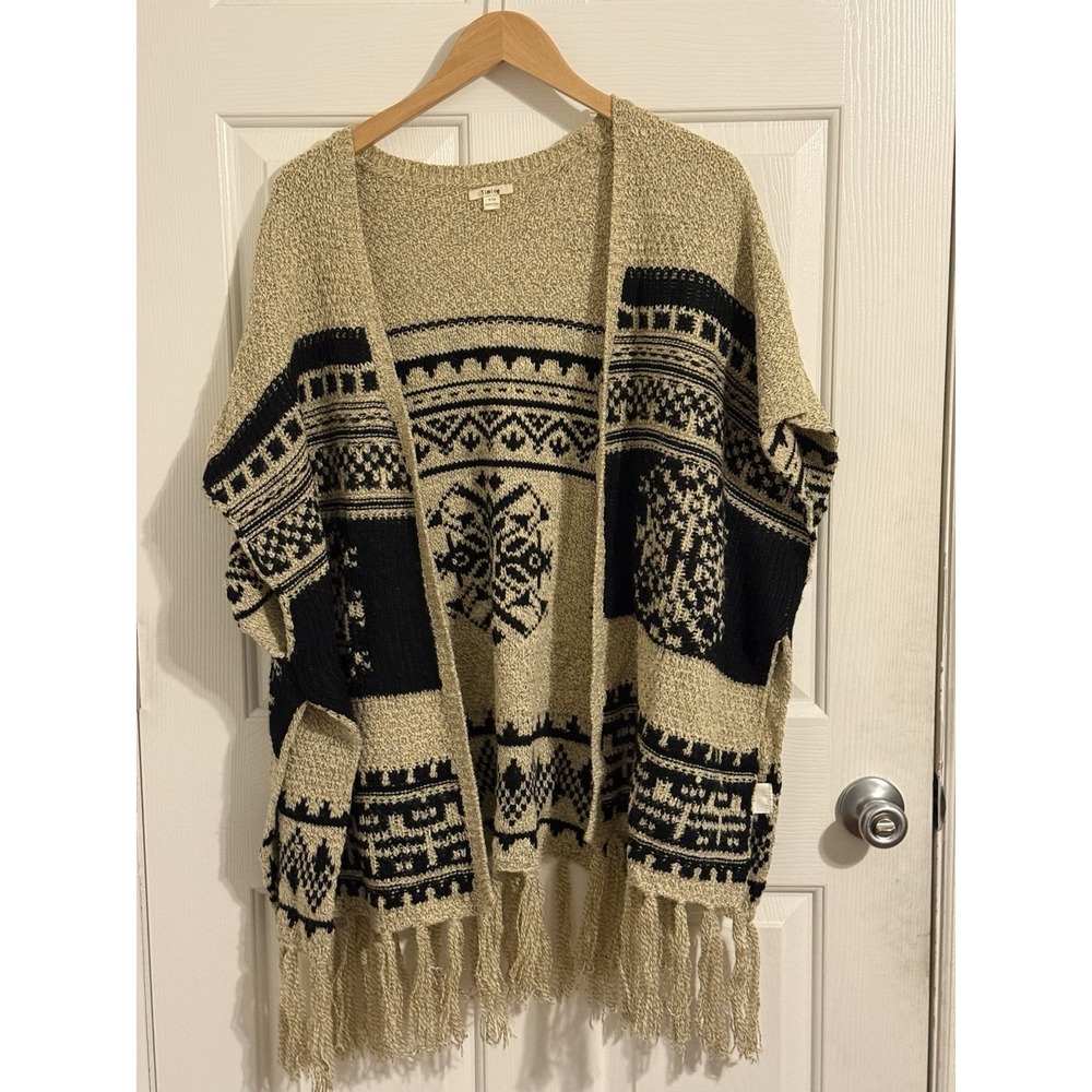 Timing Beige Black Boho Geometric Knit Fringe Open Sweater kimono Size S/M